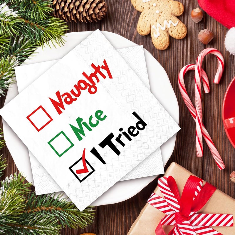 Whaline Christmas Cocktail Napkin Naughty or Nice Disposable Paper Napkin Xmas Drink Beverage Napkins for Home Dinner Buffet Xmas Tableware Party Supplies Decorations, 50 Pcs - Image 5